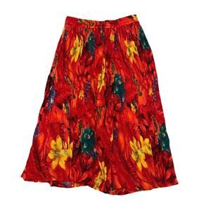 Vintage Her Style Red Orange Bright Floral Midi Skirt Small Tropical Vacation